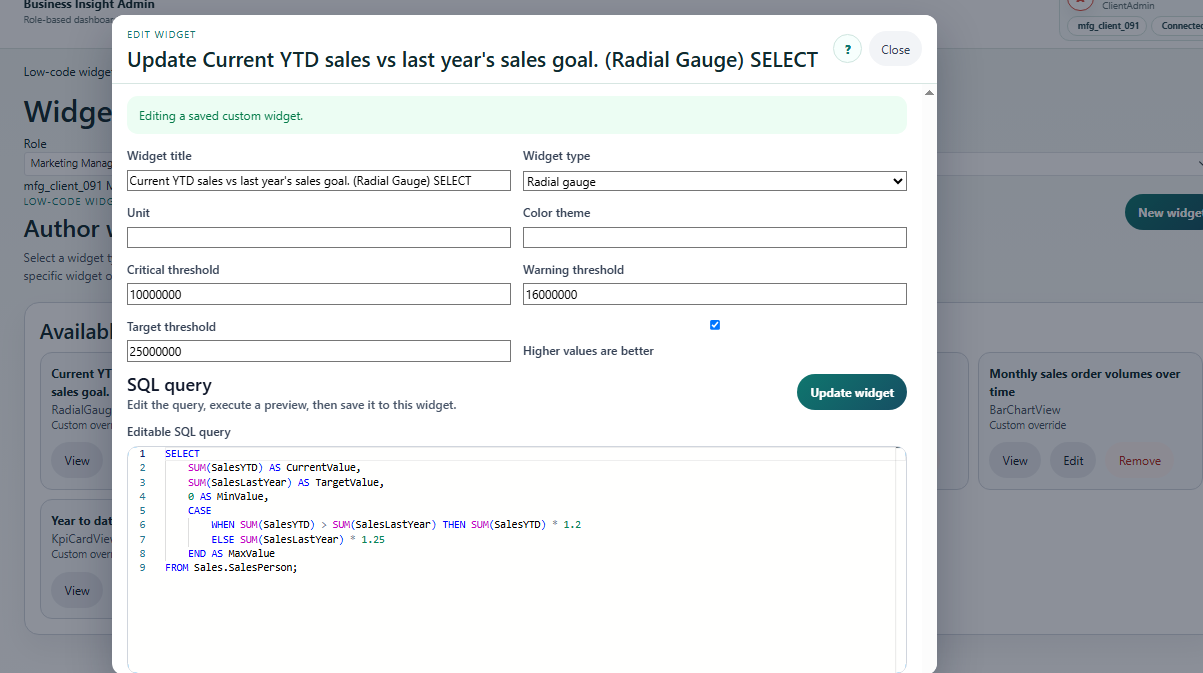 BusinessInsight edit widget screen