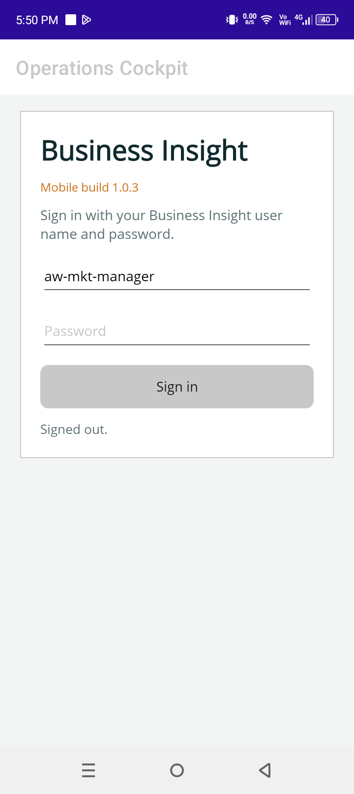 BusinessInsight mobile login screen