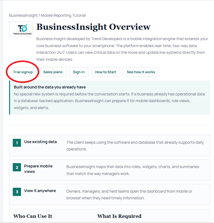 BusinessInsight اوور ویو صفحہ