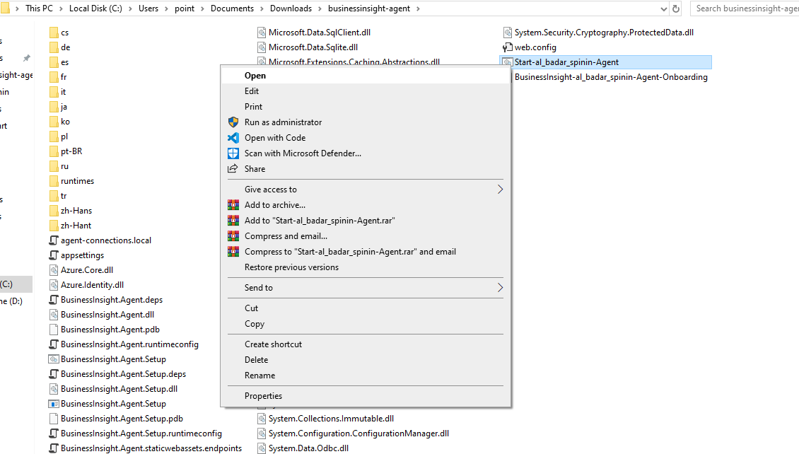 Windows right-click menu used to open the BusinessInsight Agent launcher